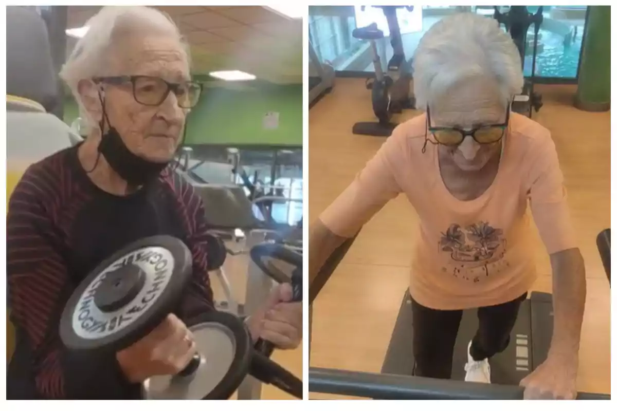 Una persona mayor haciendo ejercicio en un gimnasio, levantando pesas y caminando en una cinta.