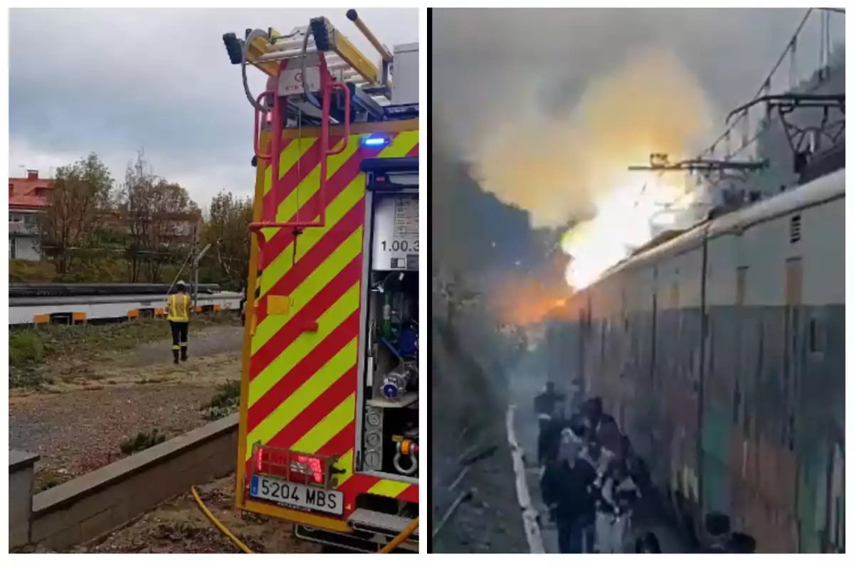 Un camión de bomberos con luces encendidas está estacionado cerca de un tren en llamas mientras personas se alejan del lugar.