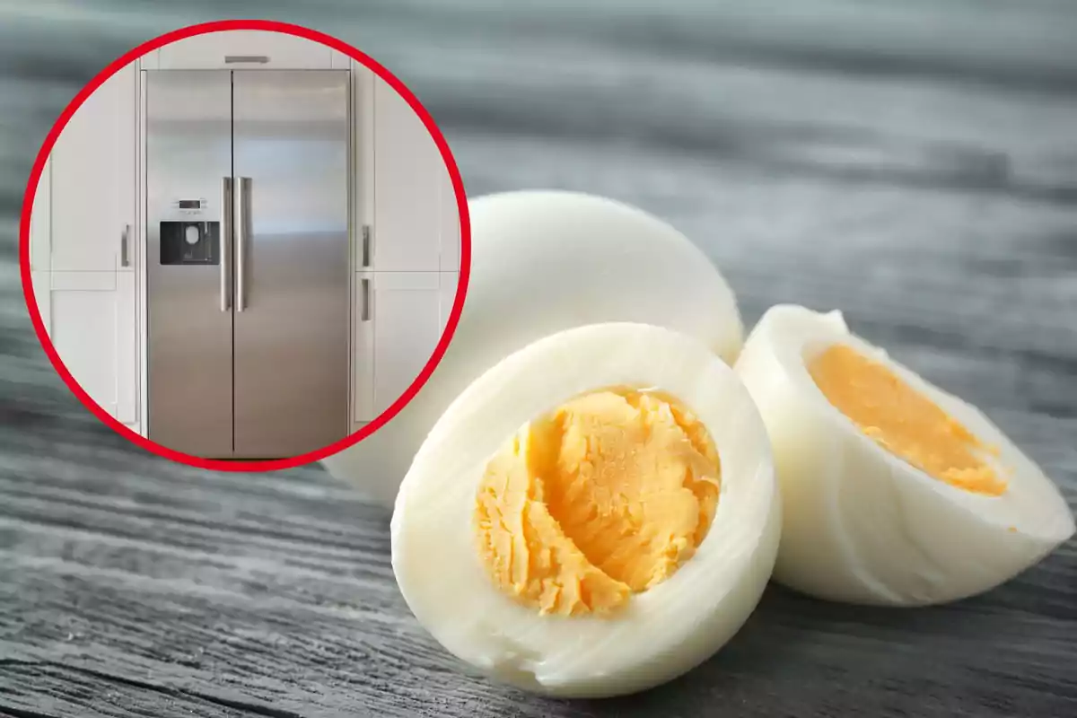 Huevos cocidos con una imagen de un refrigerador en un círculo rojo.