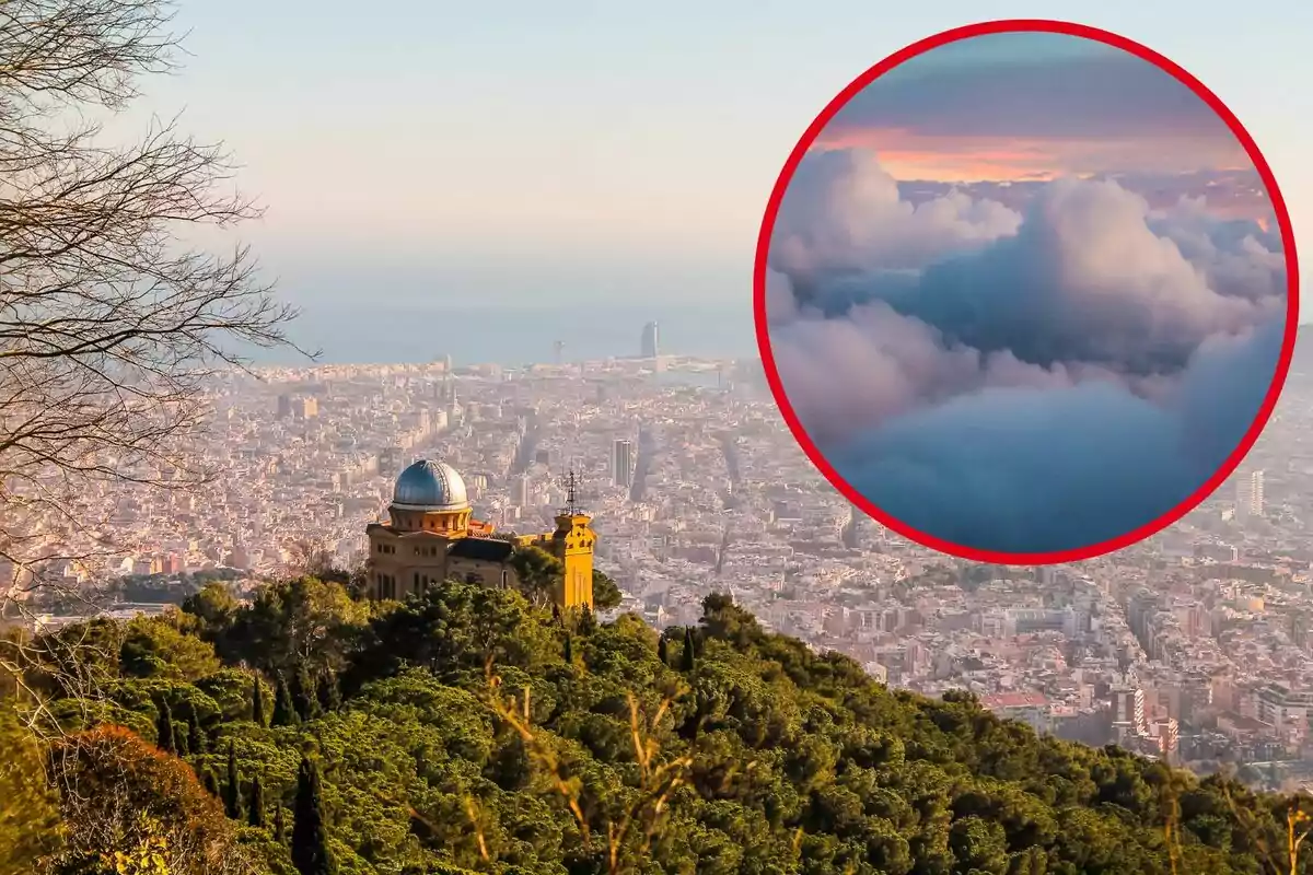 Vista panorámica de una ciudad con un observatorio en primer plano y un círculo insertado mostrando una imagen de nubes.