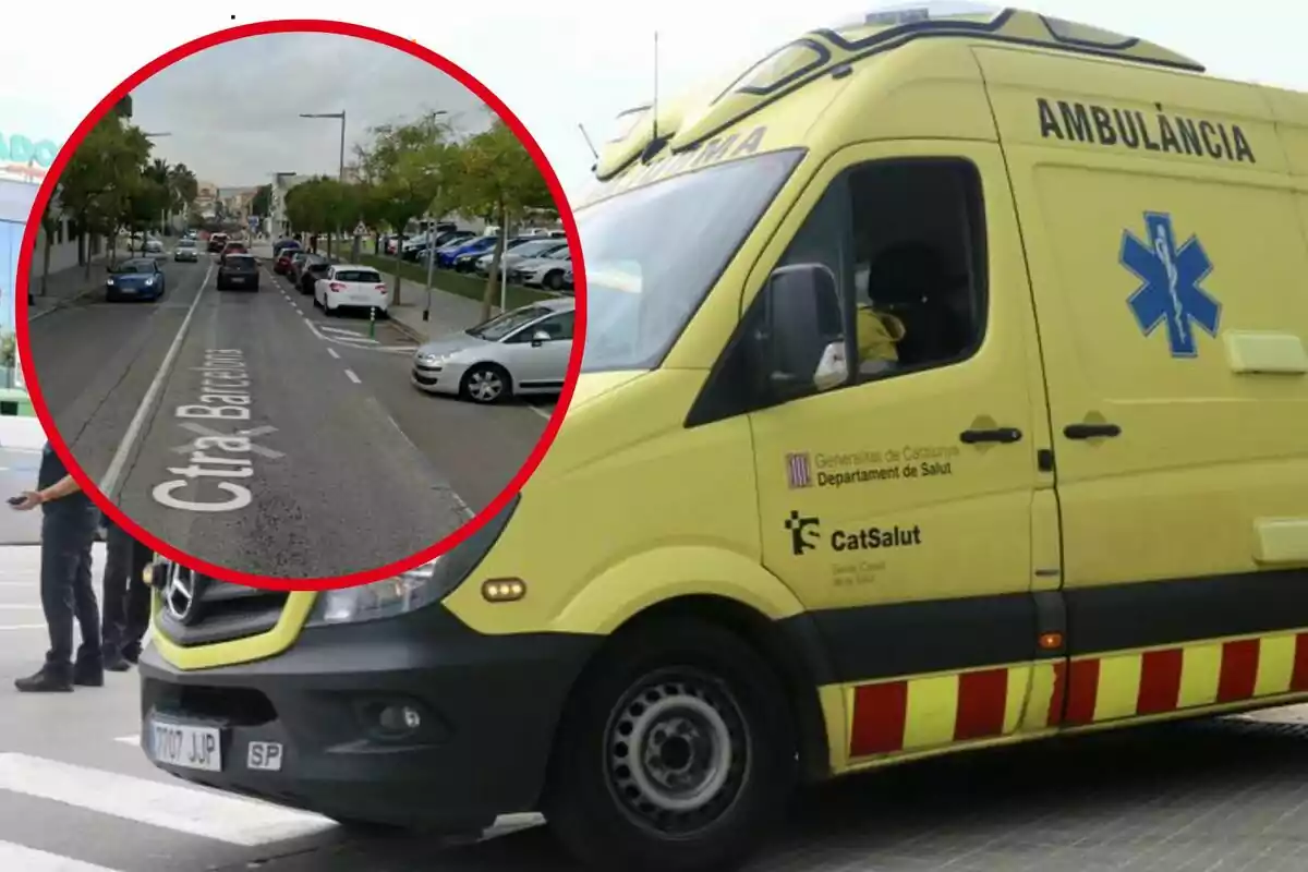 Una ambulancia amarilla del servicio de salud de Cataluña está estacionada en una calle, mientras que en un recuadro se muestra una vista de la carretera con varios coches aparcados.