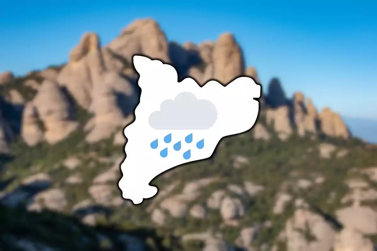 Mapa de una región con un icono de nube y lluvia sobre un fondo de montañas.