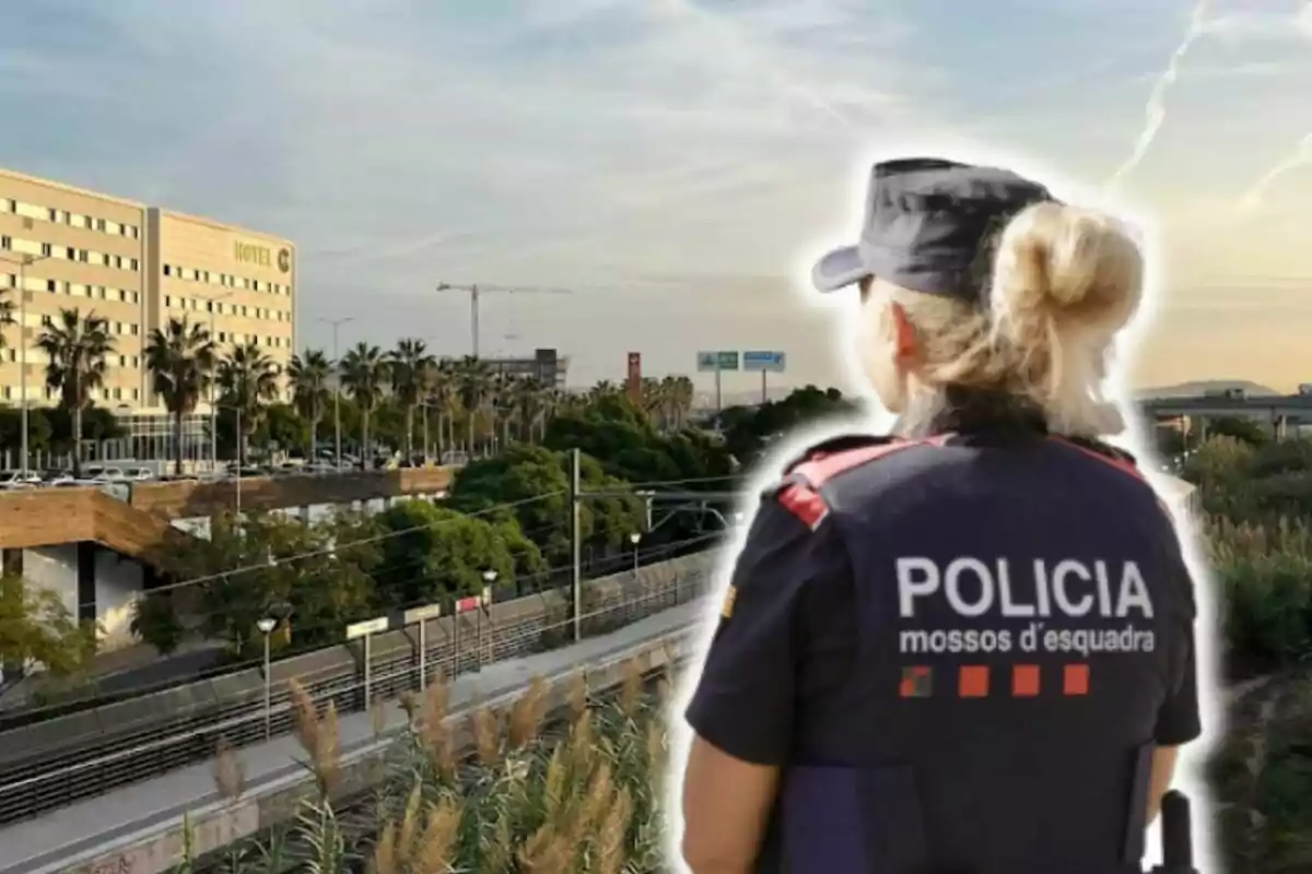 Una agente de la policía de los Mossos d'Esquadra de espaldas observando un paisaje urbano con un hotel y palmeras.