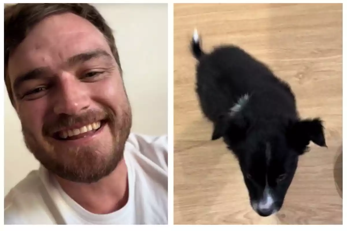 Un hombre sonriente con barba y una camiseta blanca a la izquierda y un cachorro negro con una mancha blanca en el pecho sobre un suelo de madera a la derecha.