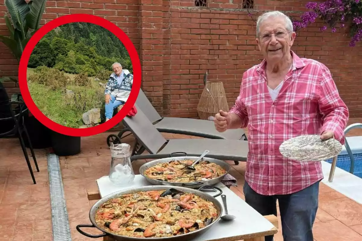 Hombre mayor con camisa de cuadros rosada sosteniendo un plato y un utensilio de cocina, junto a dos paelleras llenas de paella en una terraza con sillas y plantas, con una imagen circular insertada de él mismo en un entorno natural.