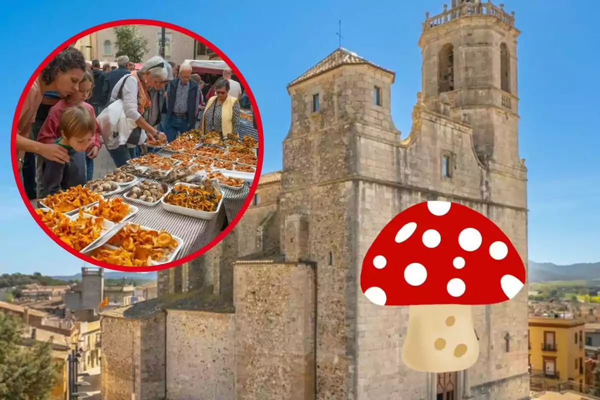 Una iglesia de piedra con un dibujo de hongo rojo y blanco en primer plano y un círculo que muestra a personas comprando setas en un mercado.