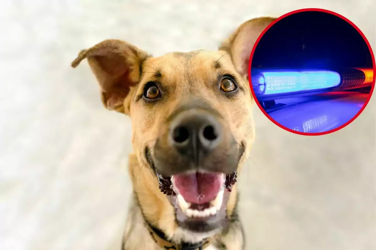 Un perro feliz con una imagen insertada de luces de emergencia azules y rojas.