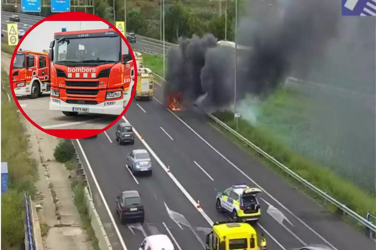 Un incendio en la carretera con vehículos de emergencia y un camión de bomberos destacado en un recuadro.