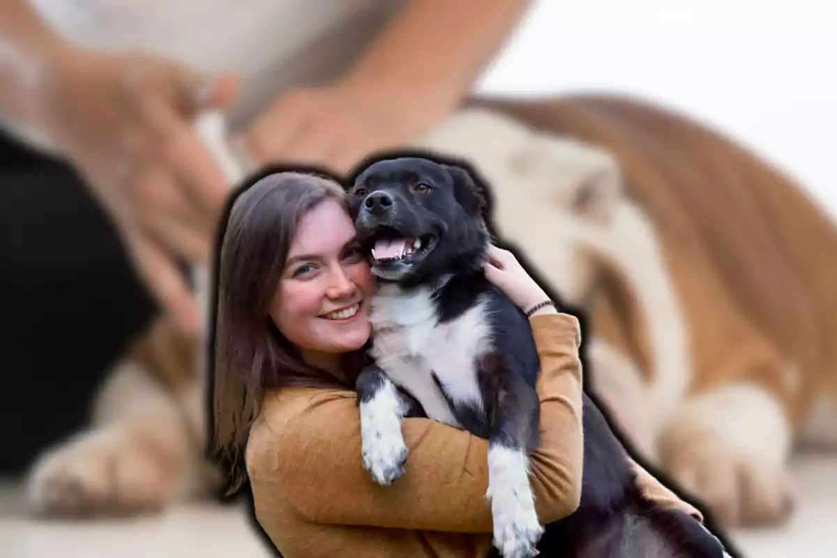 Una persona sonriente abraza a un perro negro y blanco con un fondo desenfocado.