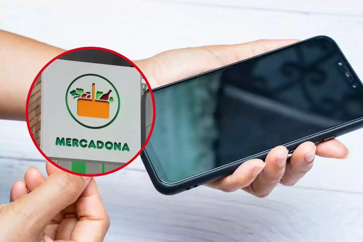 Montaje con un logo de Mercadona y un móvil de color negro