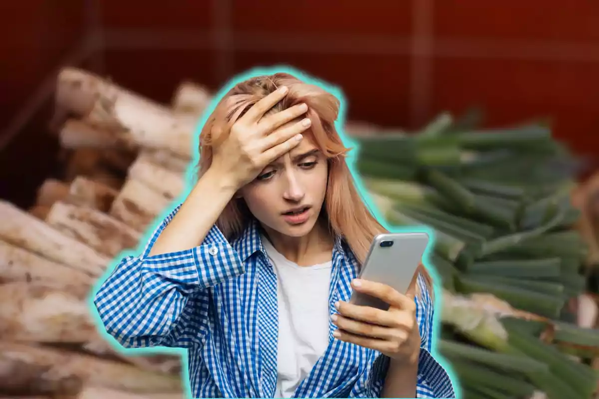 Mujer con expresión preocupada mirando su teléfono mientras se toca la frente, con un fondo de verduras.