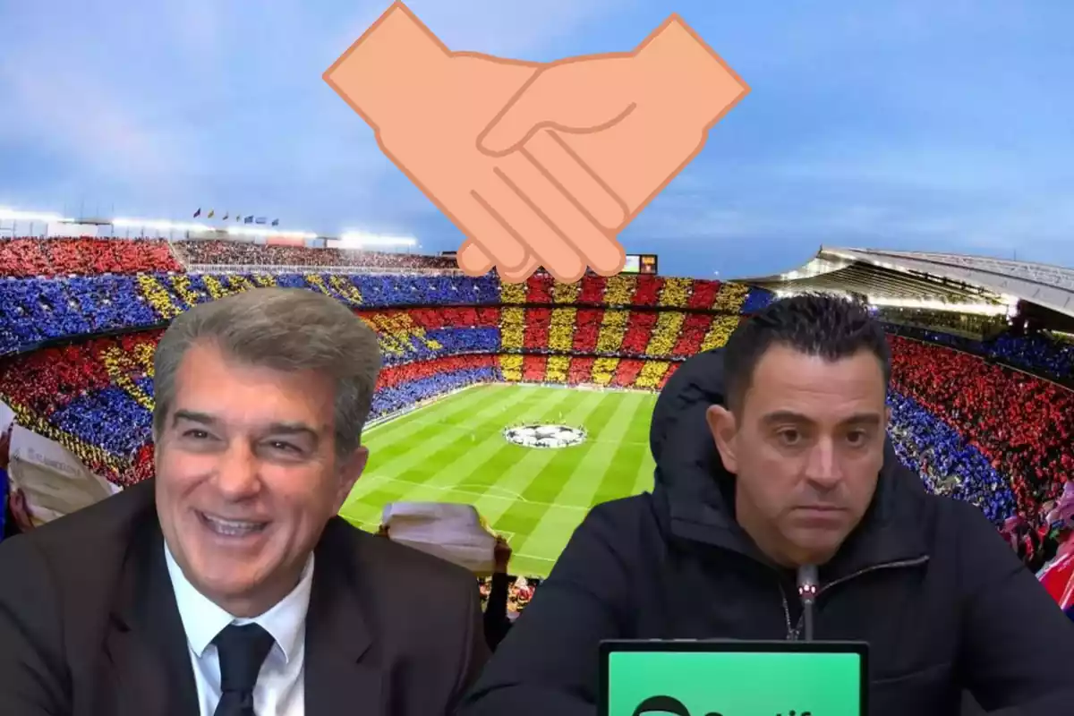 Montage con el Camp Nou, Joan Laporta a la izquierda, Xavi Hernández a la derecha y un emoticono con dos manos arriba en el centro de la imagen