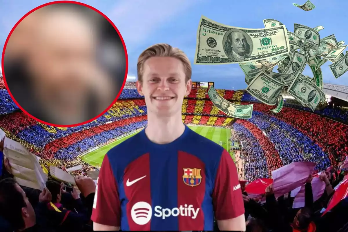 Montage con el Camp Nou, Frenkie de Jong en el cenro de la imagen, un círculo difuminado arriba a la izquierda y billetes volando arriba a la derecha