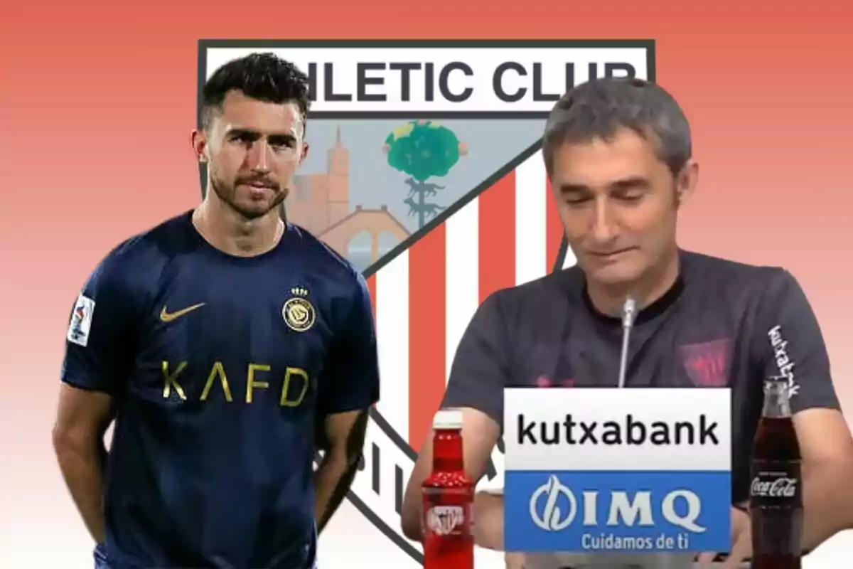 Un jugador de fútbol con una camiseta azul y un entrenador en una conferencia de prensa con el logo del Athletic Club de fondo.