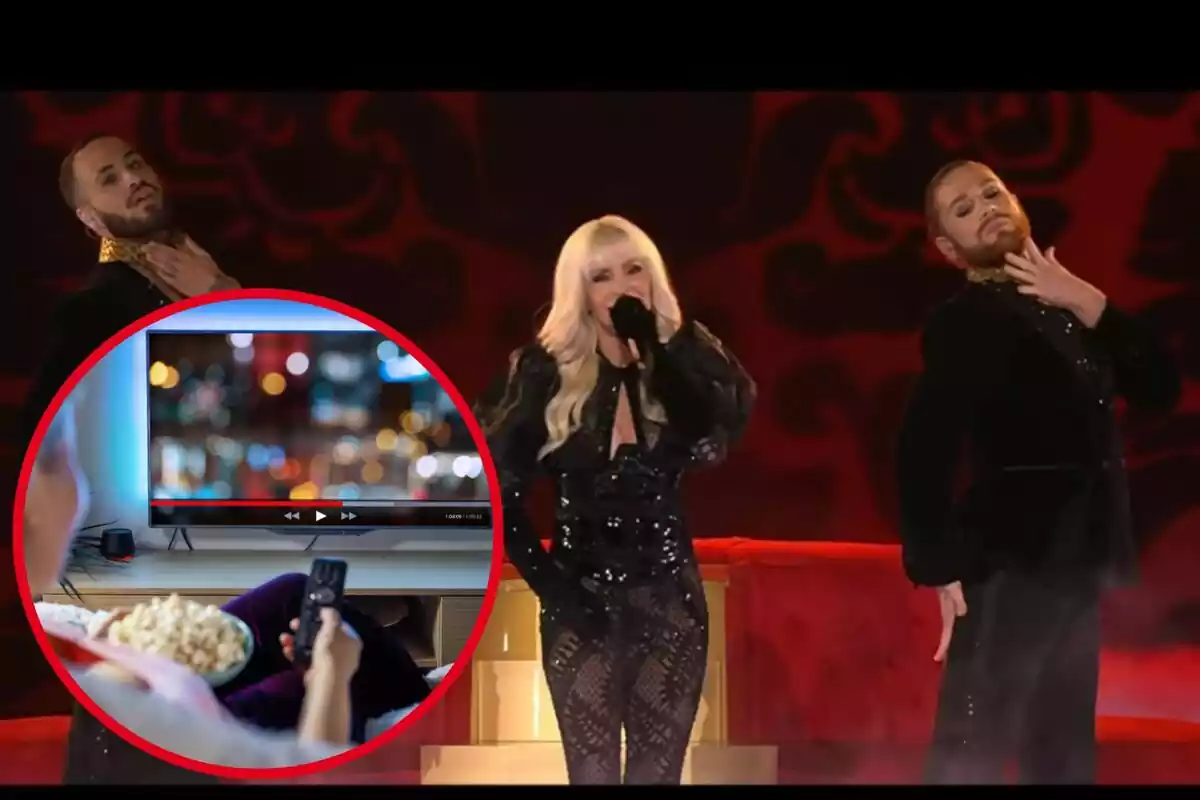 Montaje con una imagen de Nebulosa actuando en Eurovisión. En la esquina inferior izquierda, dentro de un círculo, una mujer viendo la tele y comiendo palomitas