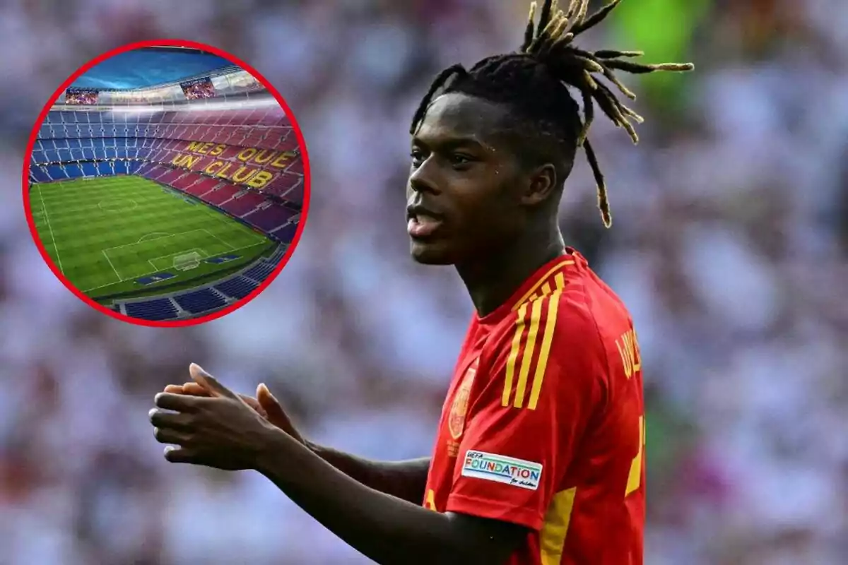 Un jugador de fútbol con uniforme rojo aplaude en el campo, mientras en un círculo se muestra una imagen del estadio Camp Nou con el lema "Més que un club".