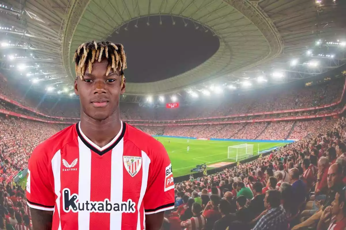 Montaje con una imagen del estadio de San Mamés lleno. En primer término, Nico Williams con la camiseta del Athletic Club