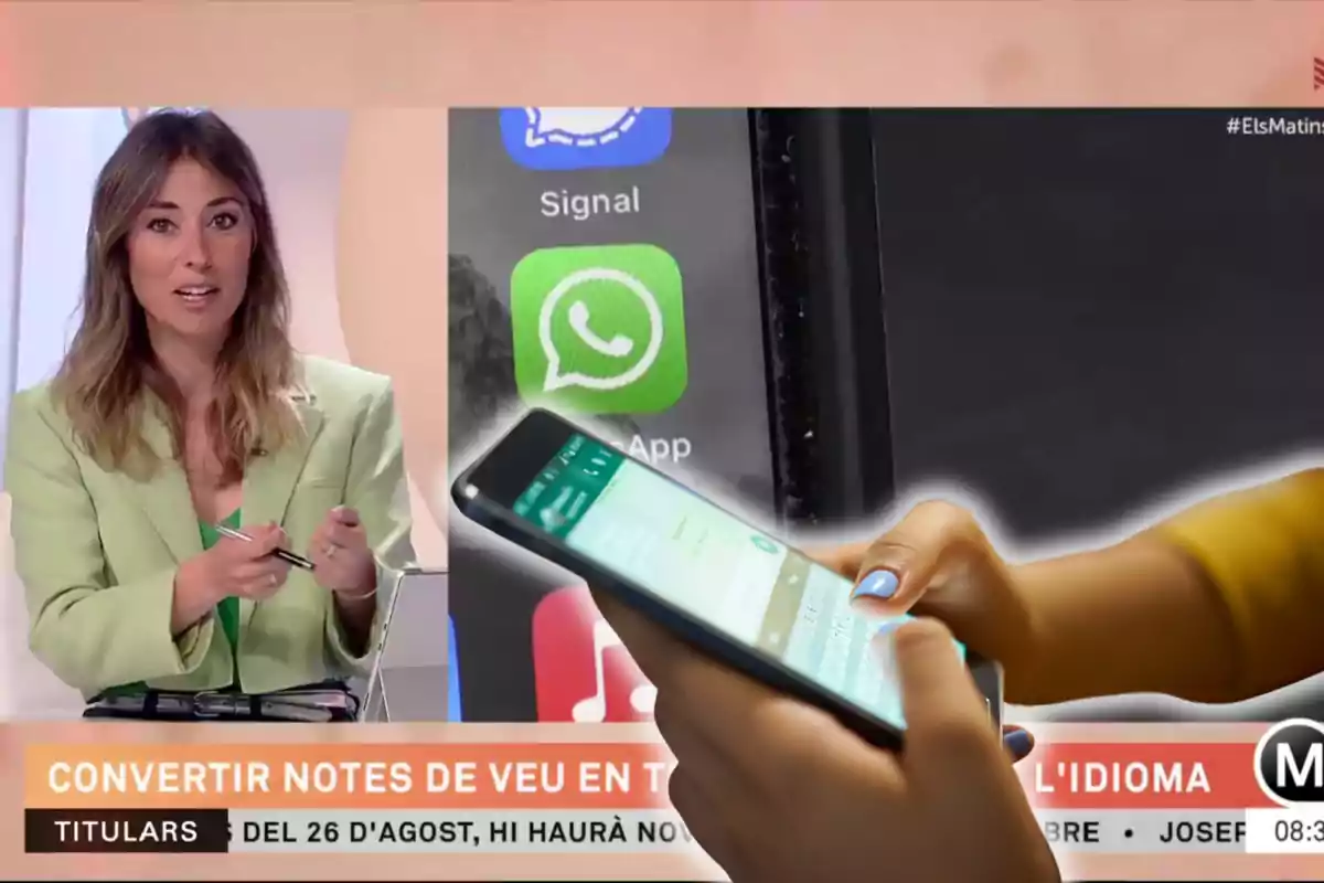 Montaje con una imagen del programa "Els matins" de TV3. A la derecha una imagen con una mujer utilizando la aplicación de WhatsApp en un teléfono móvil