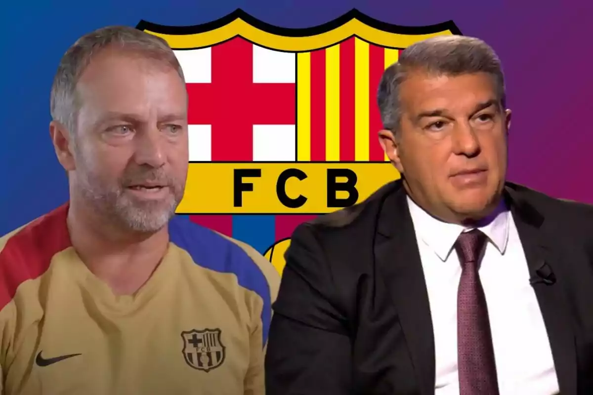 Dos hombres frente al escudo del FC Barcelona, uno con camiseta del equipo y otro con traje.