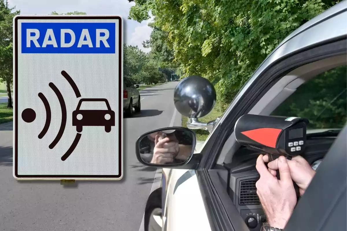 Un letrero de radar de velocidad junto a un policía usando un radar de velocidad desde su vehículo.