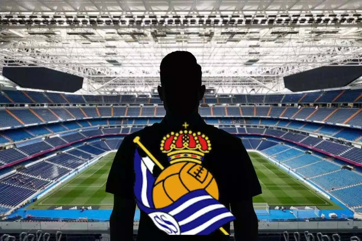 Montage con el estadio Santiago Bernabéu y una sombra negra en el centro con el escudo de la Real Sociedad