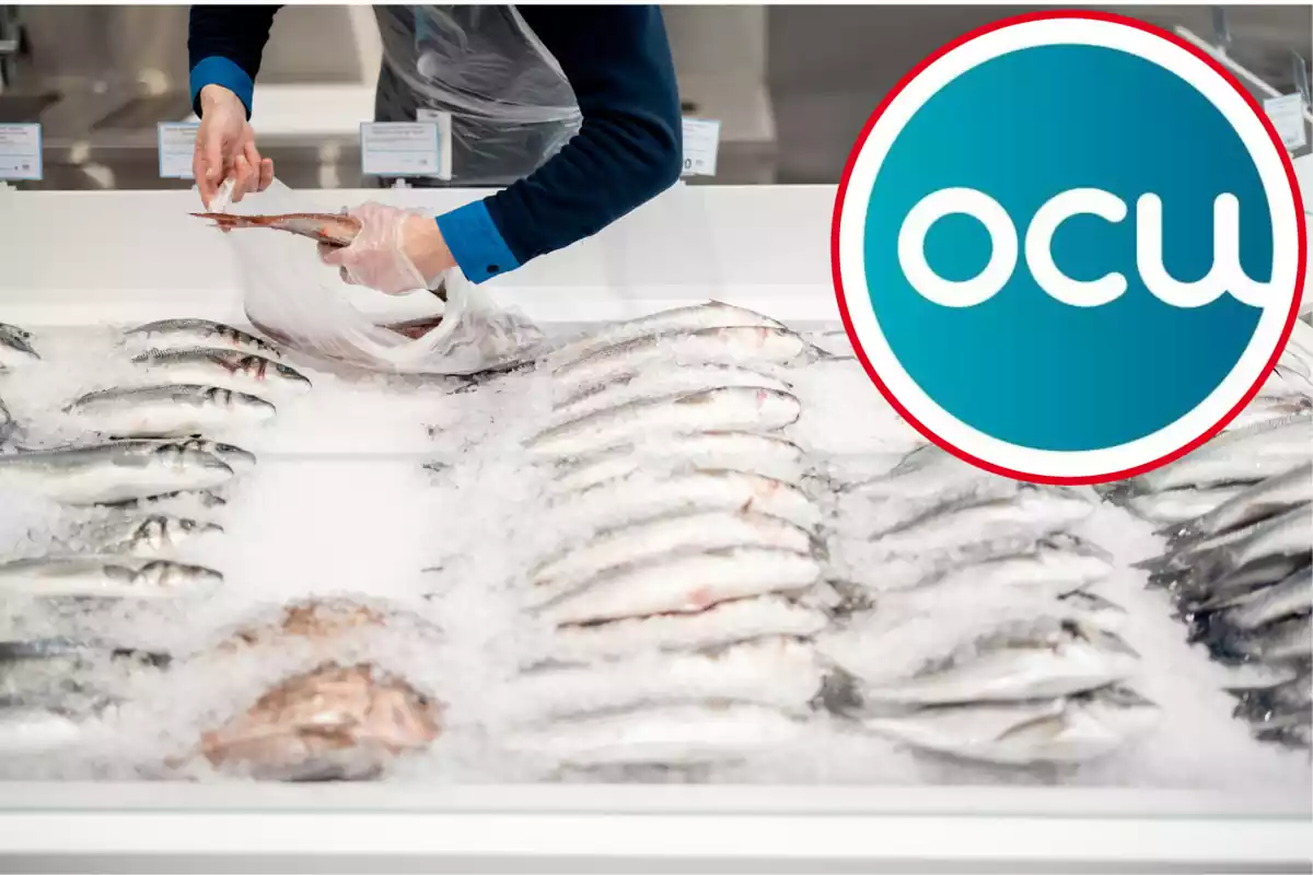 Montaje con una imagen de una pescadería de un supermercado. A la derecha una imagen con el logotipo de la OCU