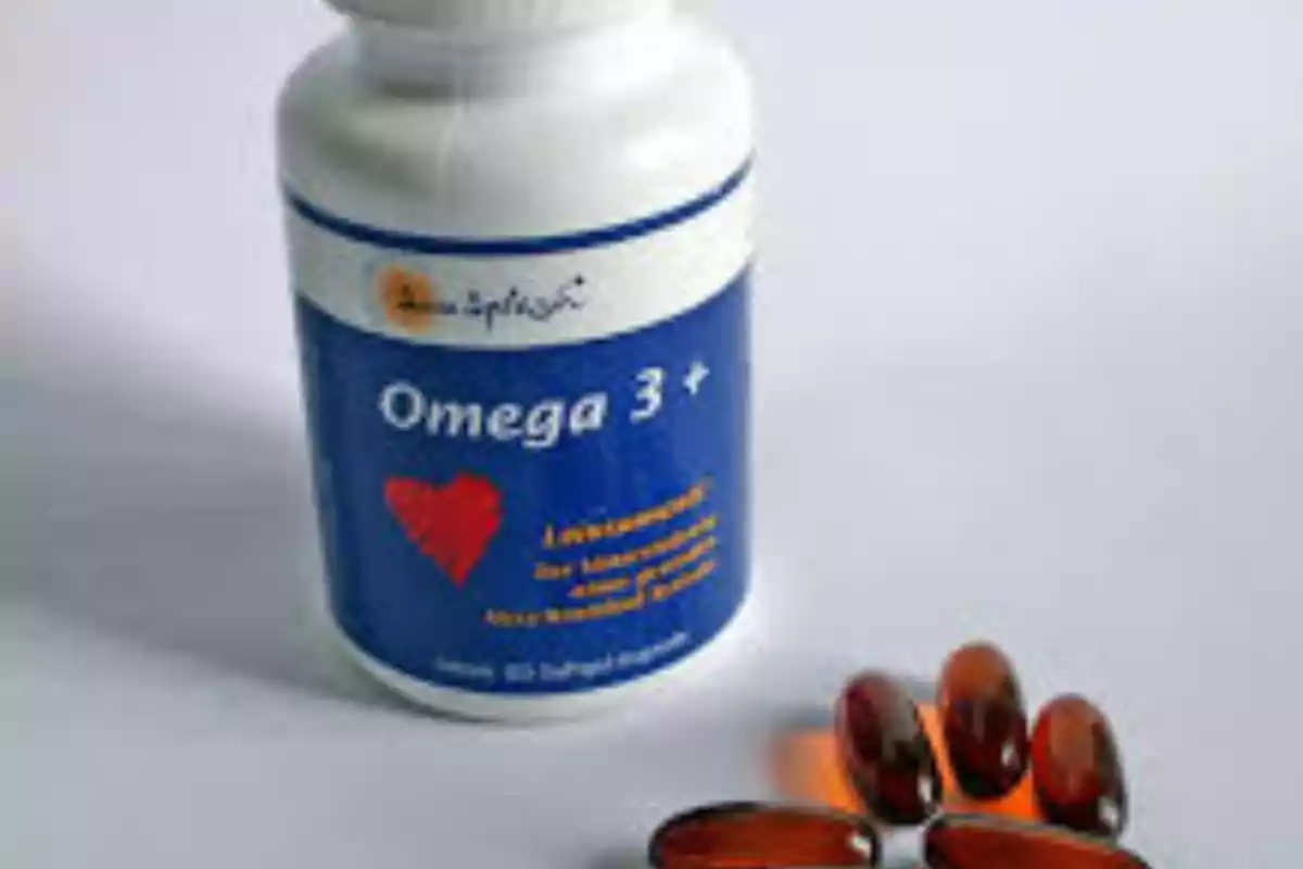 Bottle of Omega 3+ supplement with brown softgels.