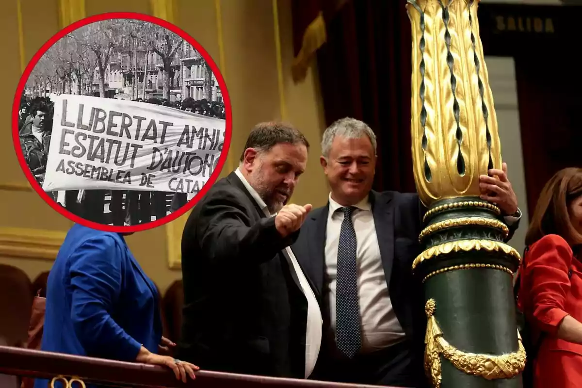 Montaje con una imagen de Oriol Junqueras saludando en el Congreso. En la esquina superior izquierda, dentro de un círculo, imagen de personas manifestándose por la amnistía en los años 70