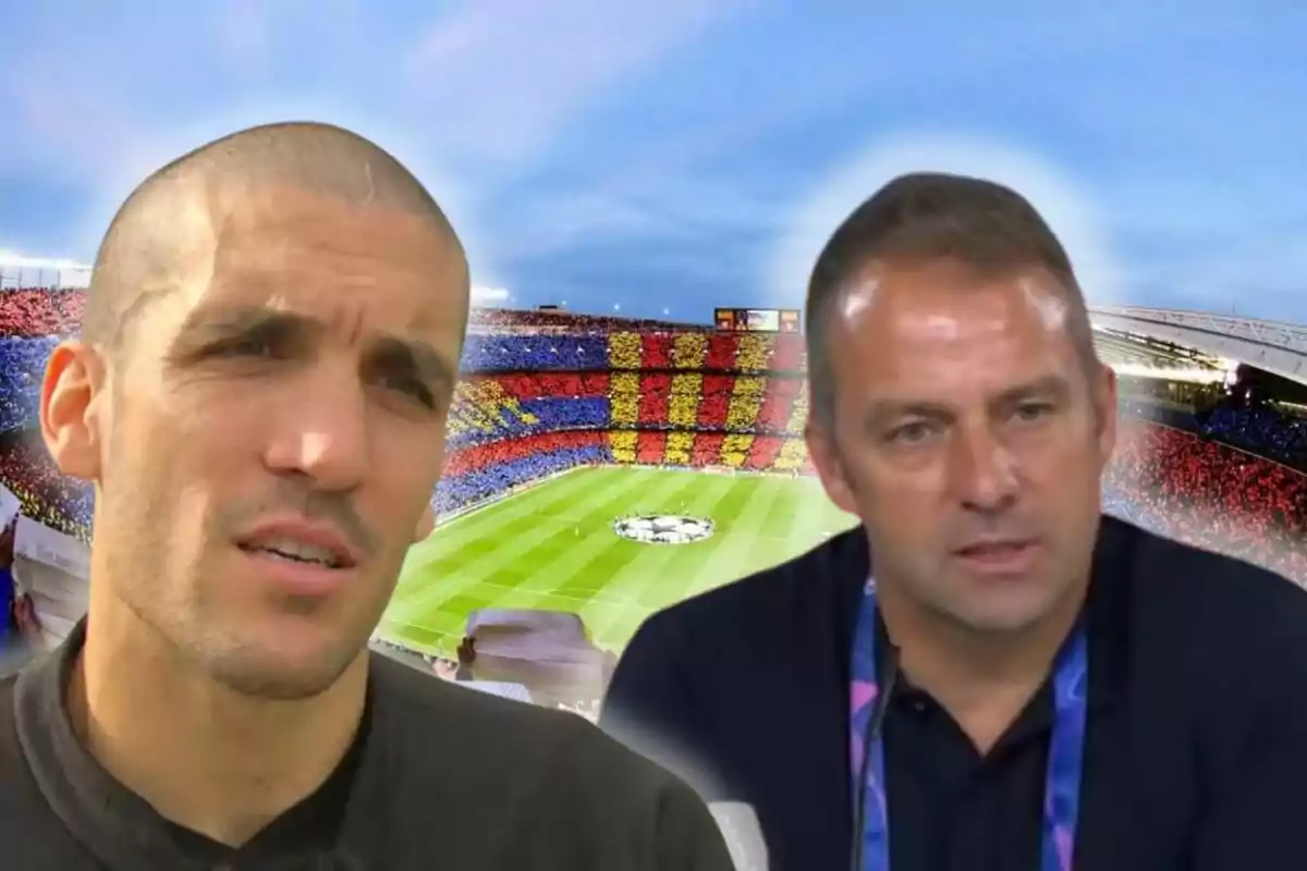 Dos hombres con un estadio de fútbol lleno de fondo.