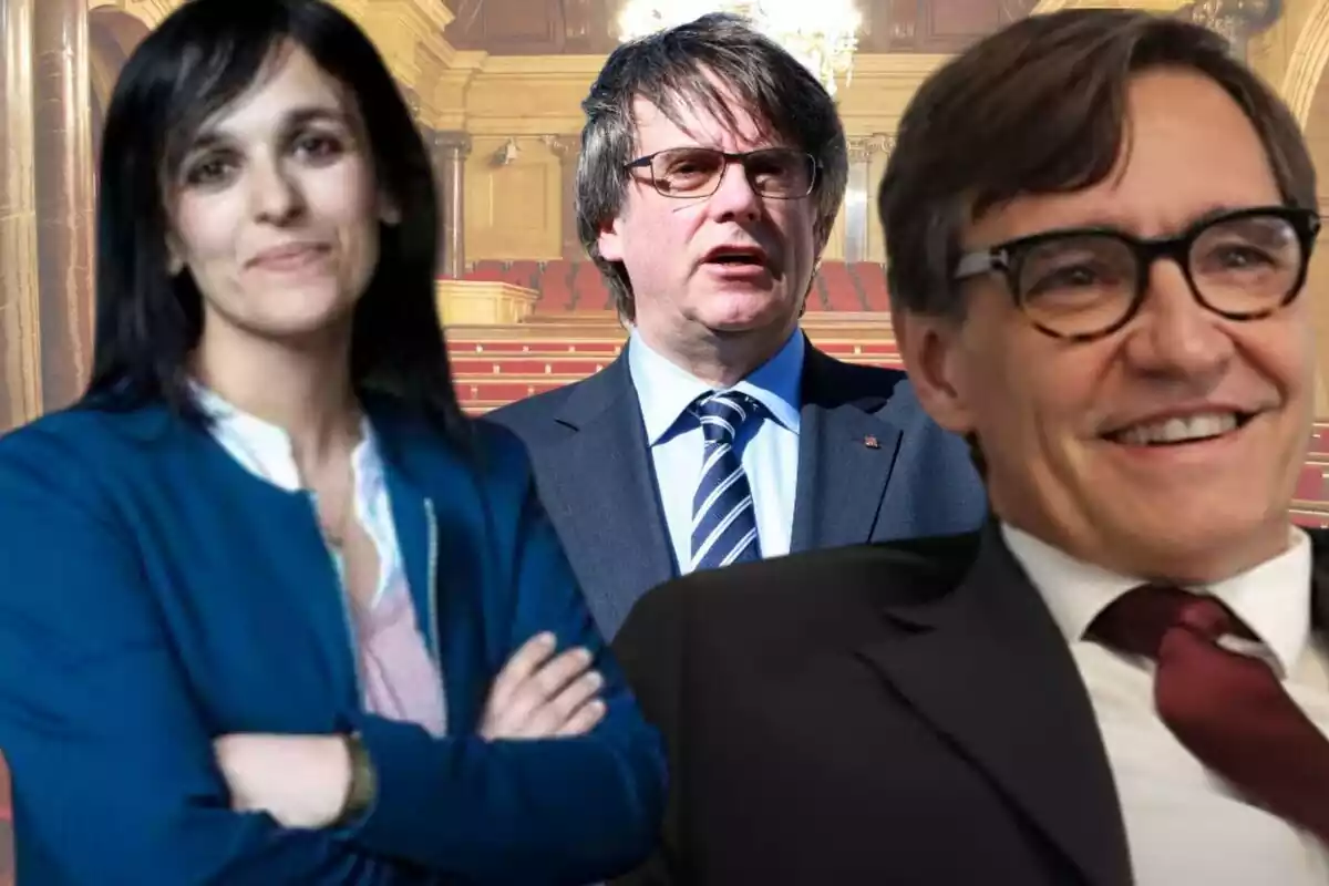 Montaje con una imagen del hemiciclo del Parlament de fondo. En primer término y de izquierda a derecha, Sílvia Orriols, Carles Puigdemont y Salvador Illa