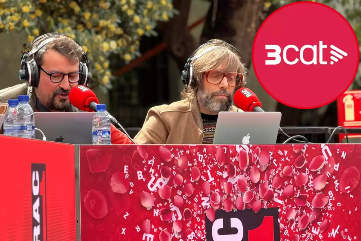 Montaje con una imagen de Òscar Andreu y Òscar Dalmau durante la celebración de Sant Jordi. A la derecha una imagen con el logo de 3cat