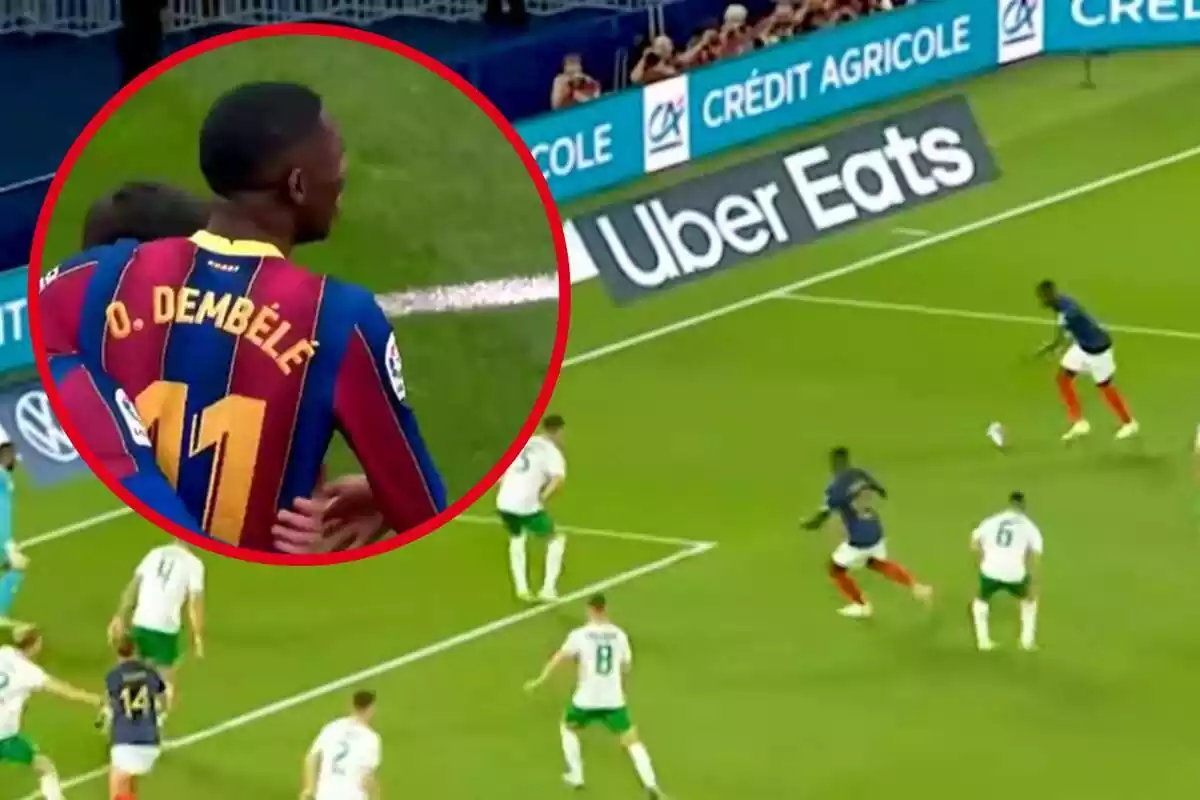 Montaje con una imagen de Ousmane Dembélé en una jugada de ataque del PSG. En la esquina superior izquierda, dentro de un círculo, el mismo futbolista en su etapa en el FC Barcelona