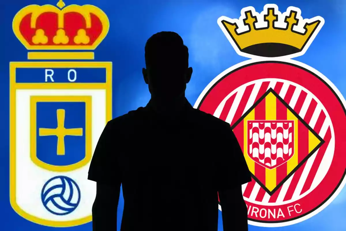 Una silueta de una persona se encuentra entre los escudos del Real Oviedo y el Girona FC.