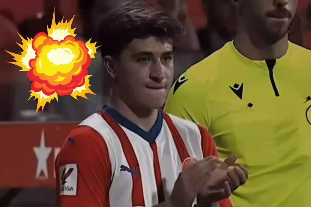 Montaje con una imagen de Pablo Torre preparado para saltar al campo con la camiseta del Girona FC y en la esquina superior izquierda un emoticono de explosión