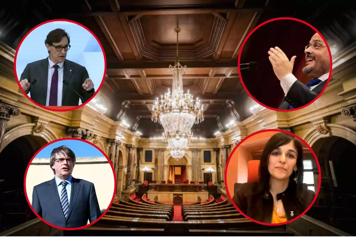Montaje con una imagen del interior del Parlament e imagen de 4 políticos en sus respectivos círculos