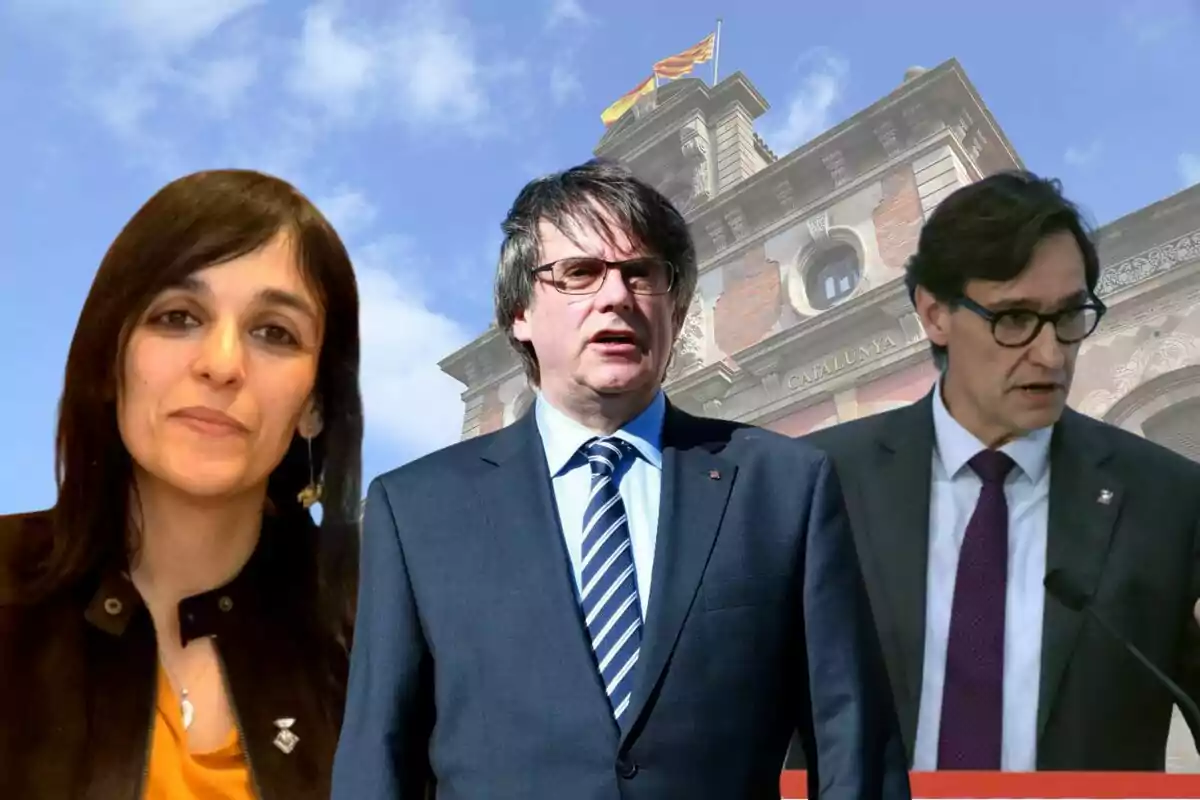 Montaje con una imagen de Sílvia Orriols, Carles Puigdemont y Salvador Illa. De fondo, ligeramente difuminada, imagen del exterior del Parlament