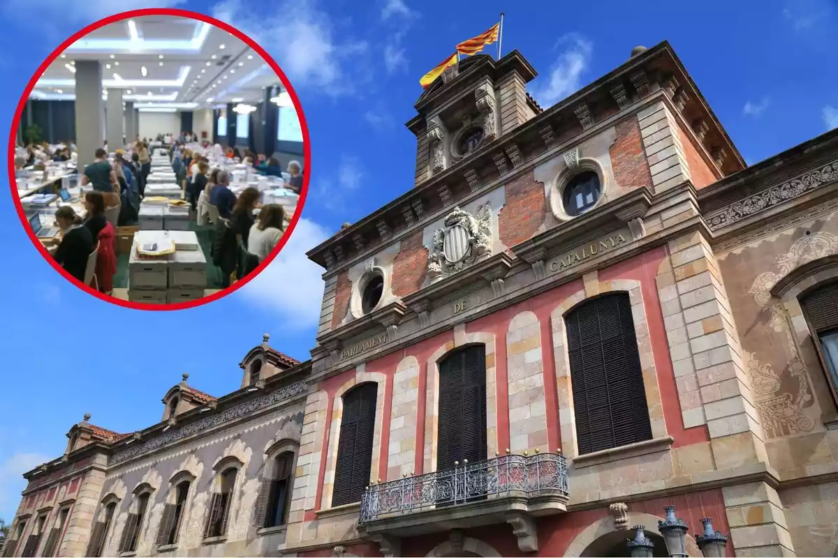 Montaje con una imagen del exterior del Parlament de Cataunya. En la esquina superior izquierda, dentro de un círculo, imagen del proceso de recuento del voto exterior