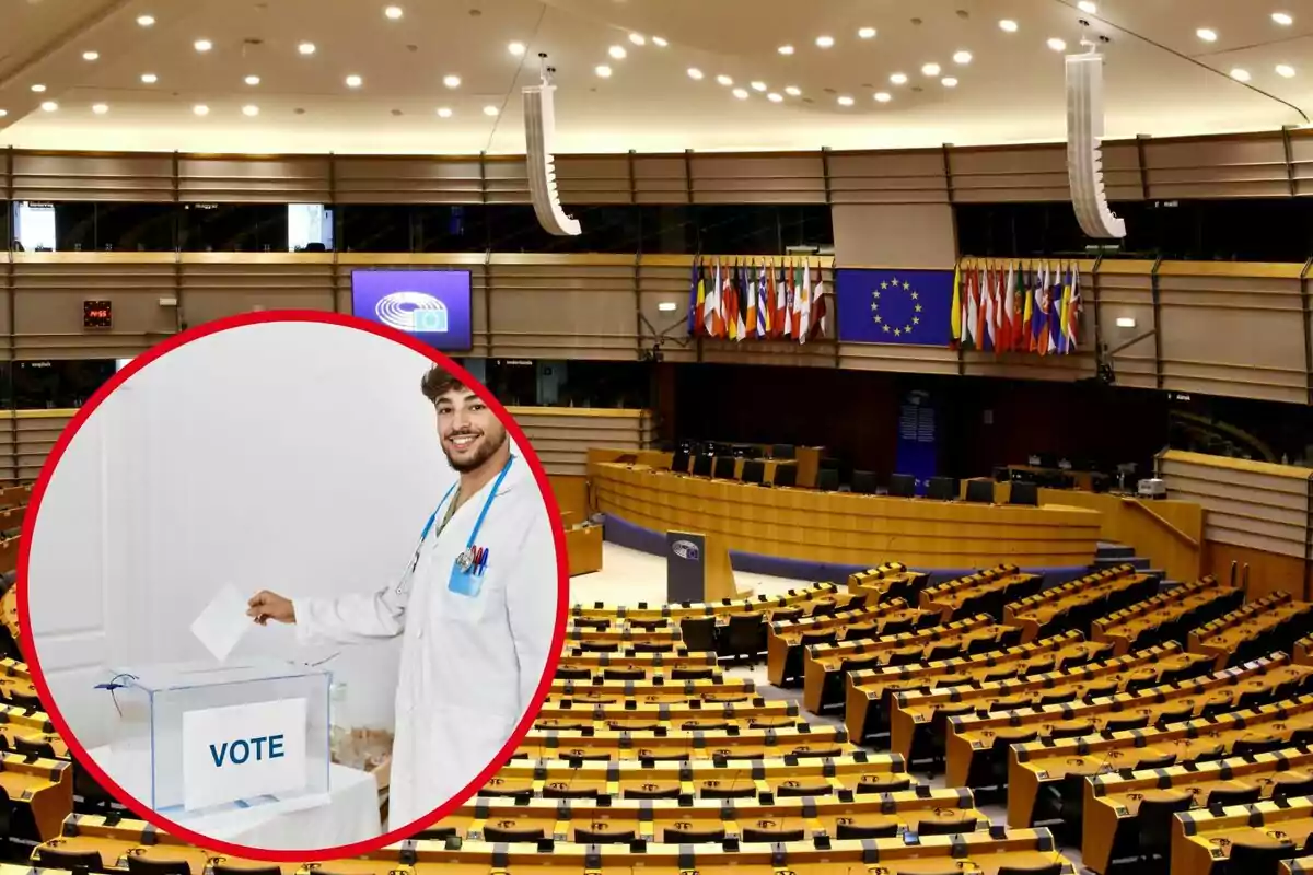 Montaje con una imagen del interior del Parlamento Europeo. En la esquina inferior izquierda, dentro de un círculo, imagen de un hombre poniendo un sobre en una urna de votación