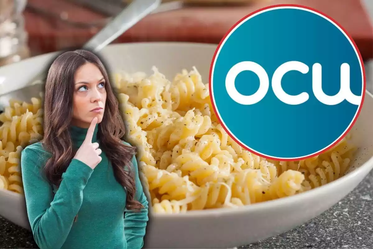 Mujer pensando sobre la pasta y logo de la OCU
