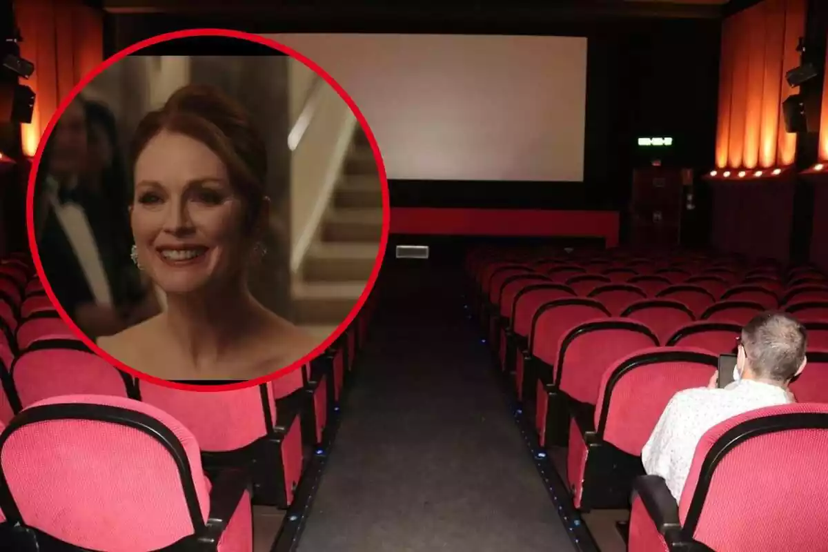 Montaje con una imagen de un cine vacío y en la esquina superior izquierda, dentro de un círculo, la actriz Julianne Moore en una escena de la película