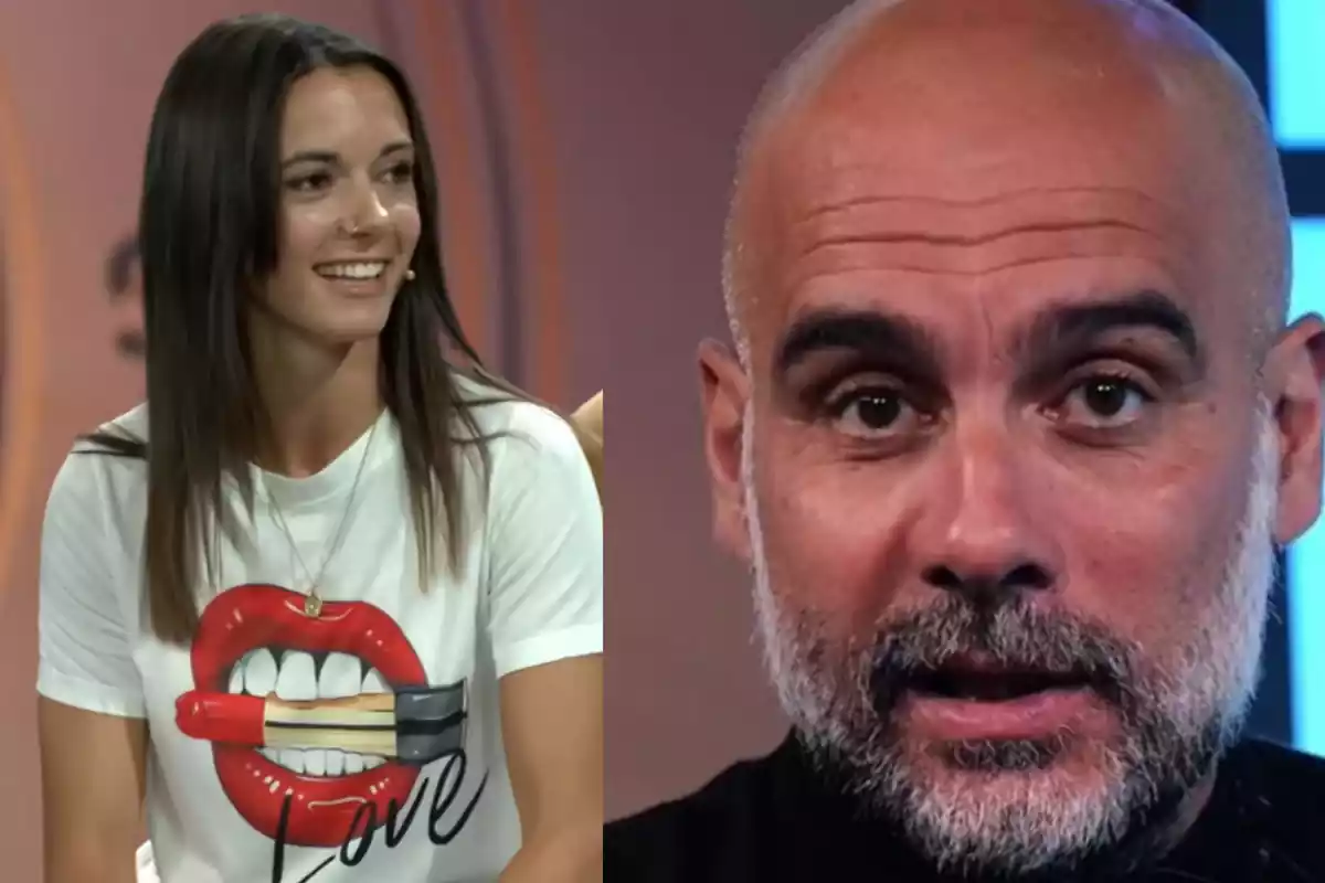 Montaje con una imagen de Pep Guardiola durante una entrevista. A la izquierda una imagen con Aitana Bonmatí durante una entrevista a Movistar +
