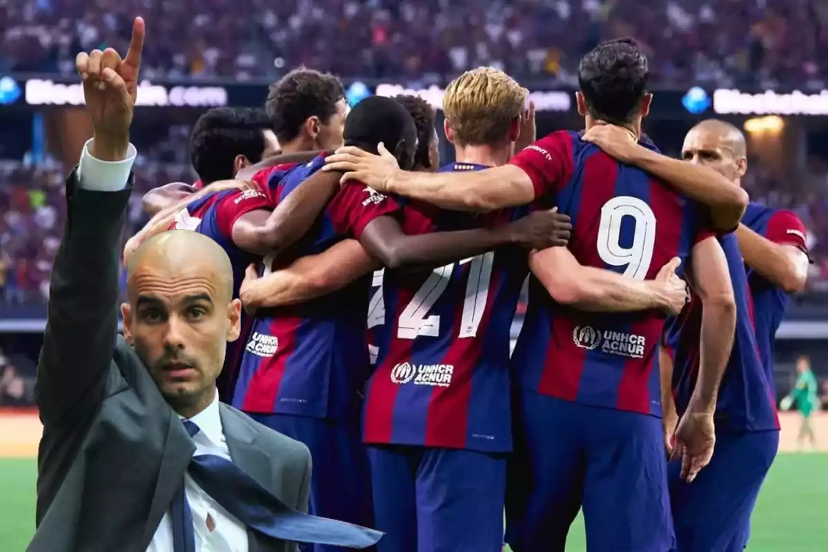 Pep Guardiola y jugadores del Barça celebrando un gol