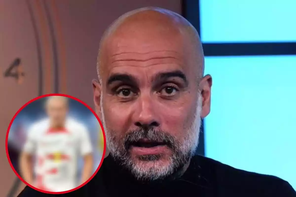 Montaje con una imagen de Pep Guardiola y en la esquina inferior izquierda, dentro de un círculo y difuminado, el futbolista referenciado en la noticia