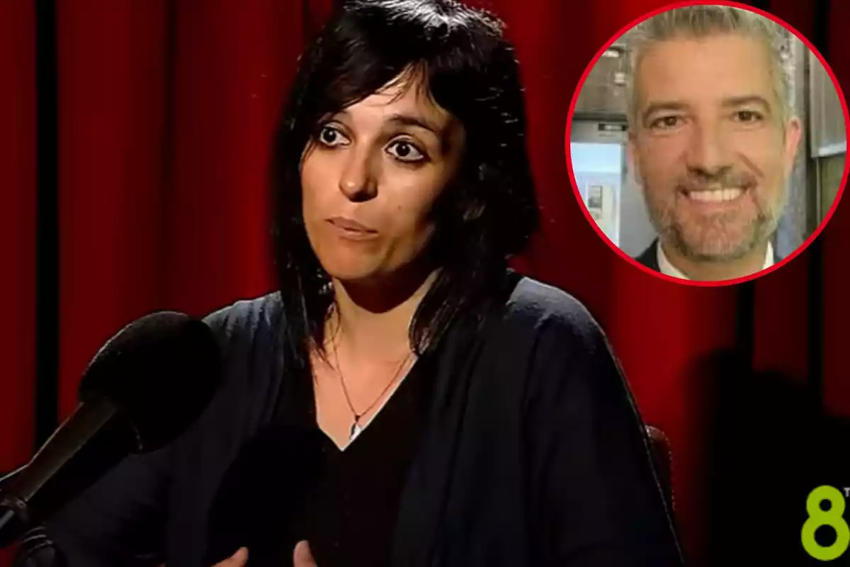 Montage con Sílvia Orriols en una entrevista a 8TV y un círculo con Toni Cruanyes arriba a la derecha