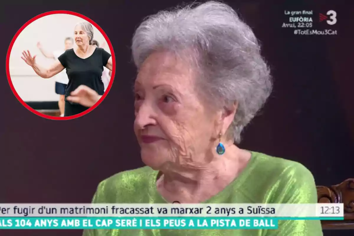 Montaje con una imagen de Pepita Bernat en TV3. A la izquierda una imagen con una mujer mayor practicando un baile