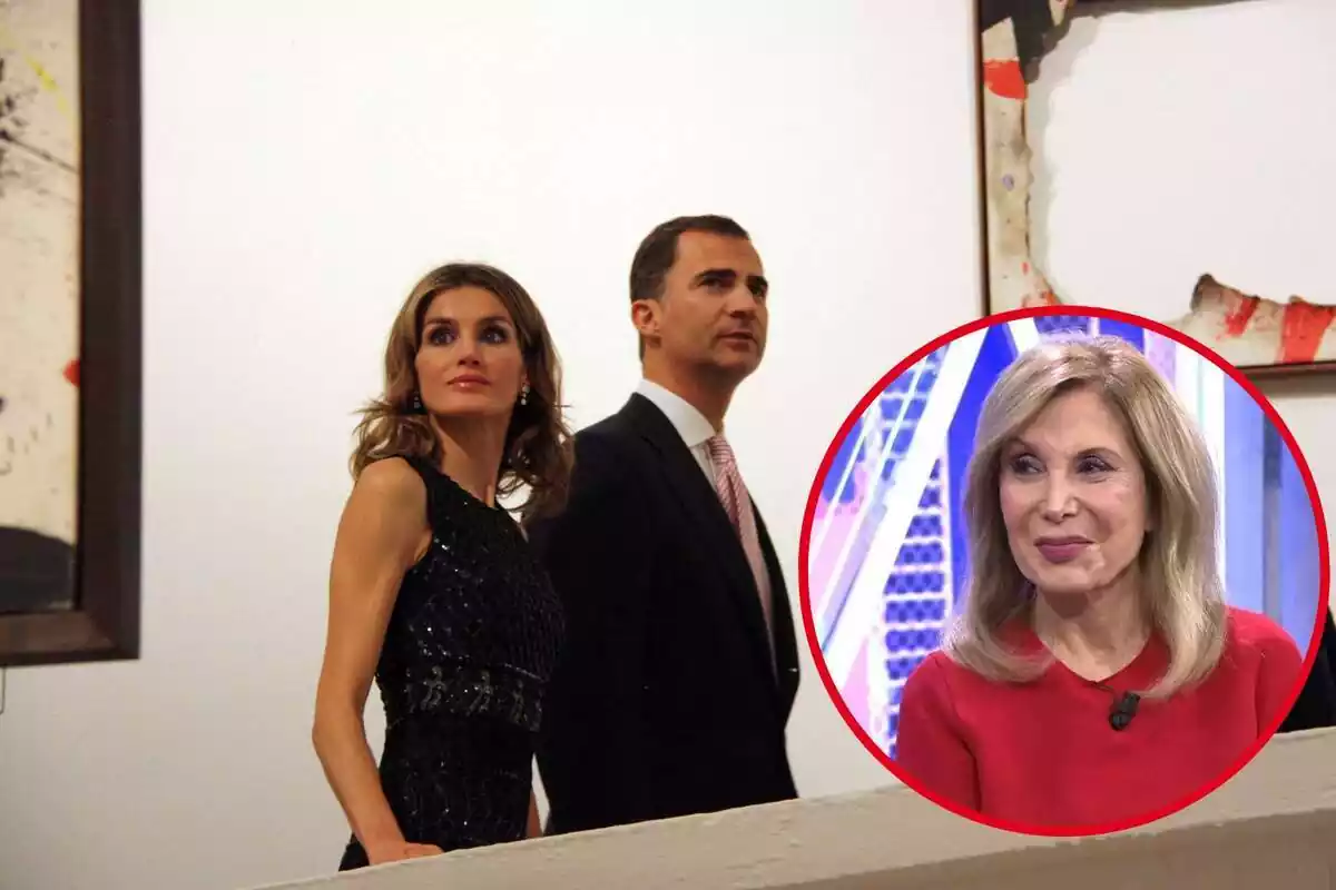 Montaje con una imagen de Felipe VI y Letizia Ortiz y a la derecha, dentro de un círculo, la periodista Pilar Eyre