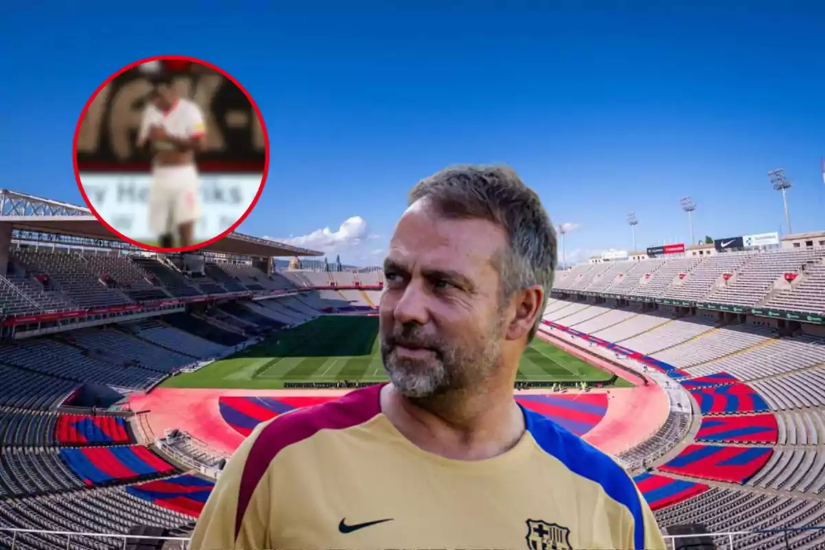 Un hombre con una camiseta del FC Barcelona en un estadio de fútbol vacío con una imagen borrosa de un jugador en un círculo rojo.