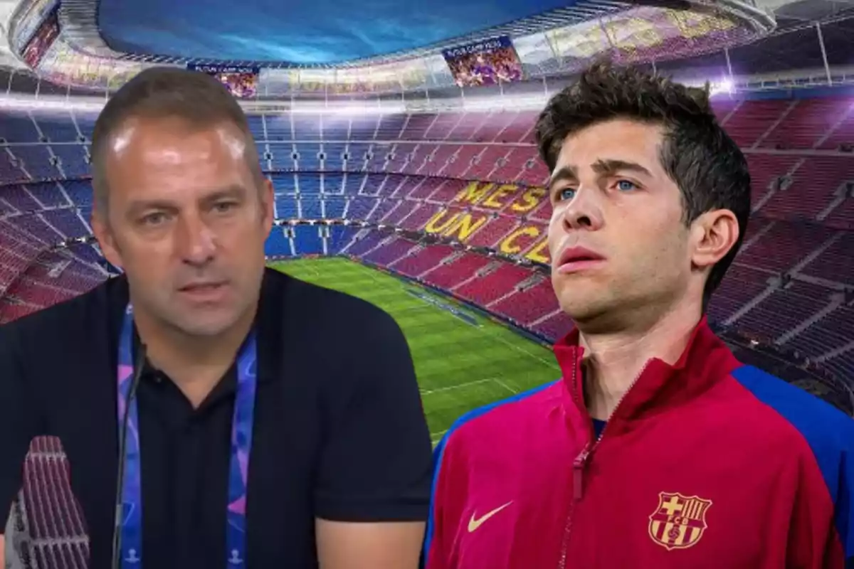 Dos hombres en un estadio de fútbol, uno de ellos con una chaqueta del FC Barcelona.