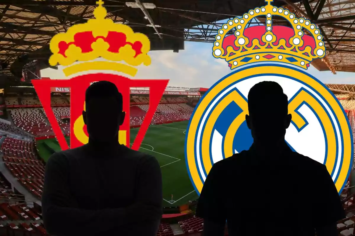 Dos siluetas frente a los escudos del Real Sporting de Gijón y el Real Madrid en un estadio de fútbol.