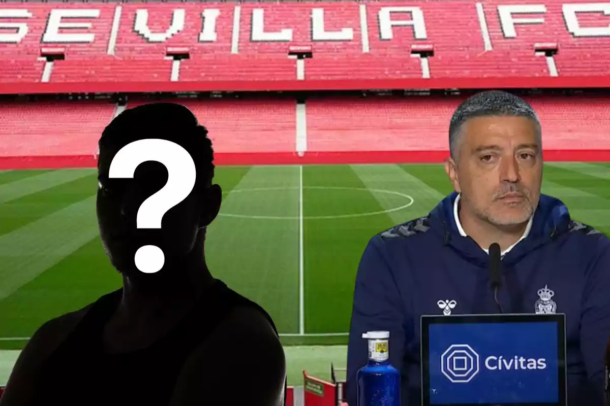 Un hombre con un signo de interrogación en el rostro y otro hombre en una conferencia de prensa, con el estadio del Sevilla FC de fondo.